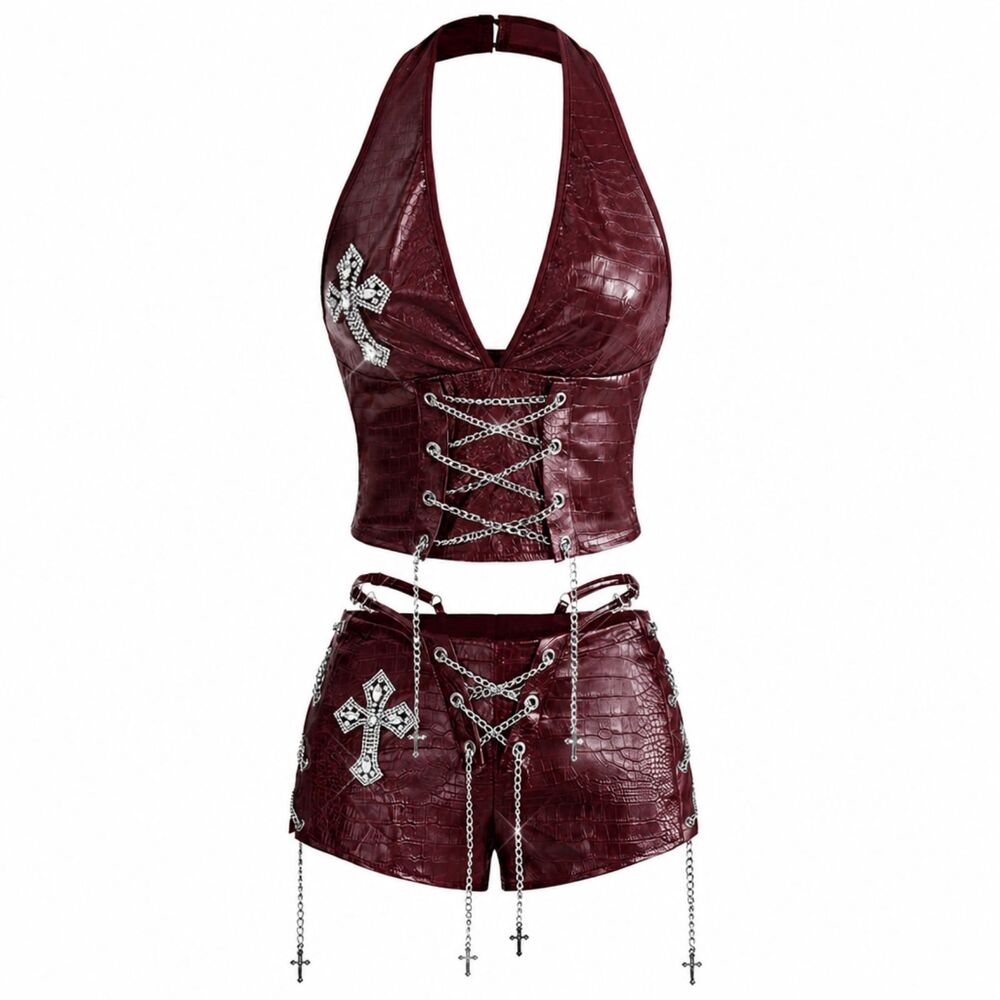 ROMWE Burgundy Faux Leather Rave Set  Chain Lace‑Up Halter Top & Shorts Size S